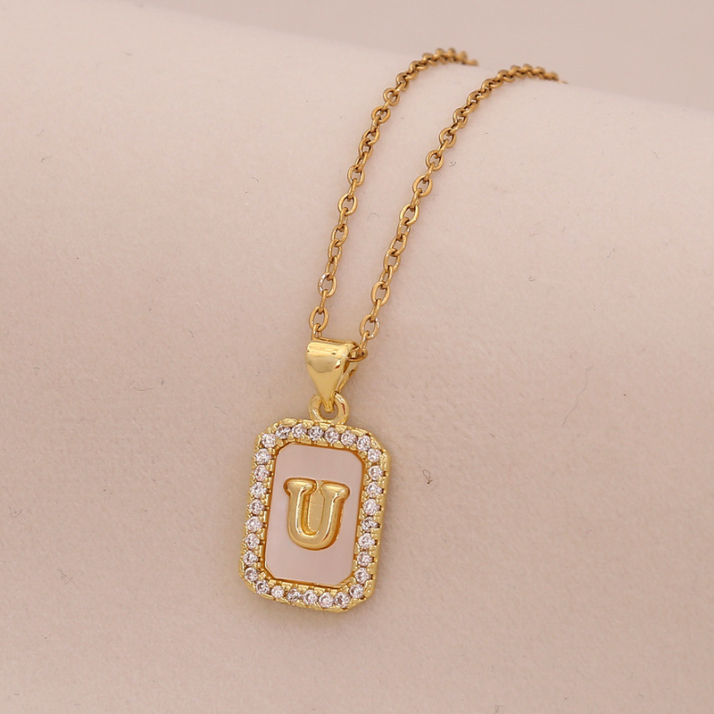 [Bing Meng] 26 シェルレターネックレス レディース ライト ラグジュアリー ハイエンド 18K ゴールド スクエア ペンダント ネックレス N1573|undefined
