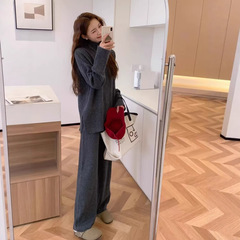 スポットヨーロッパとアメリカの貿易婦人服 2025 秋の新無地ラウンドネックファッションカジュアルワイドレッグパンツセータースーツ女性
