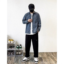 专柜品质高端砂洗条纹长袖衬衫男士秋季新款美式复古休闲牛仔衬衣
