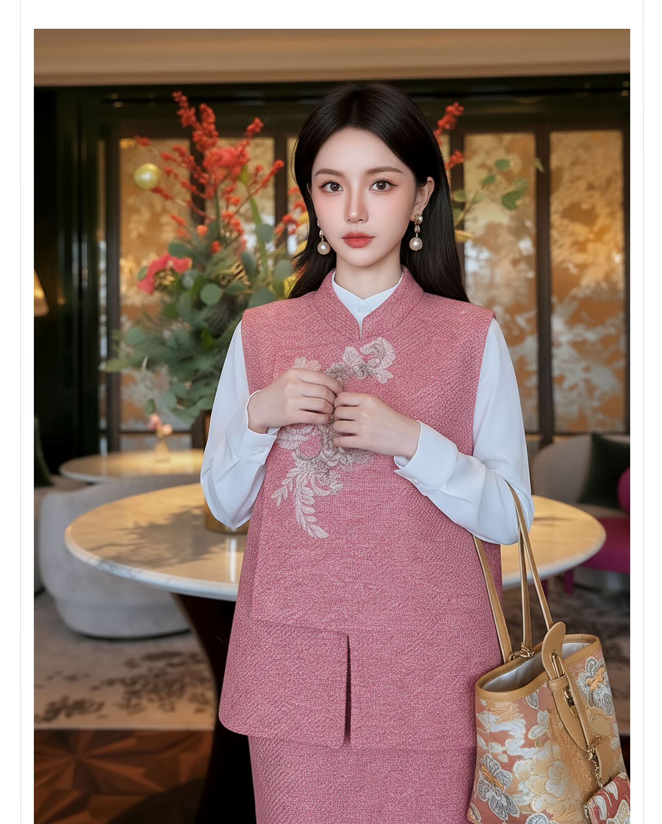 Bộ áo gile không tay và chân váy midi tân cổ điển đính cườm sang trọng — nửa váy, Trang chủ chi tiết 9