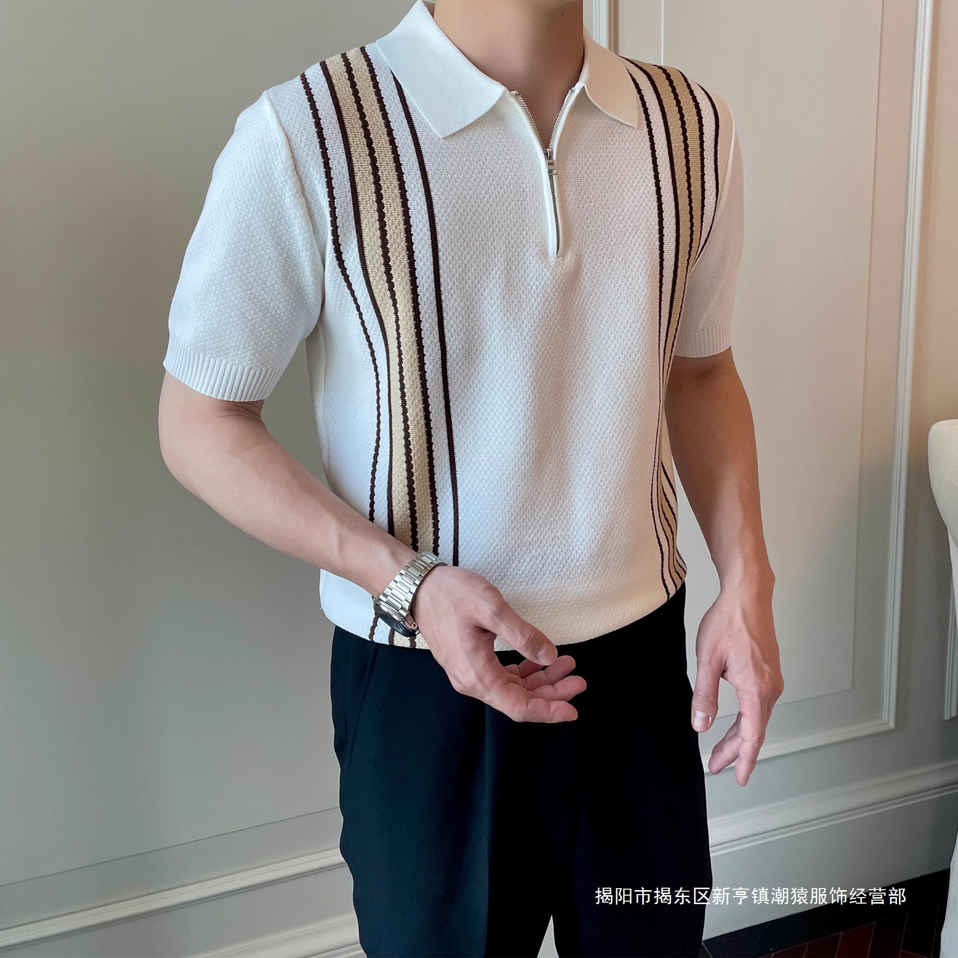 ライト高級半袖ポロシャツメンズ夏ハーフジップラペルストライプ通気性カジュアルニットトップ Tシャツドロップシッピング