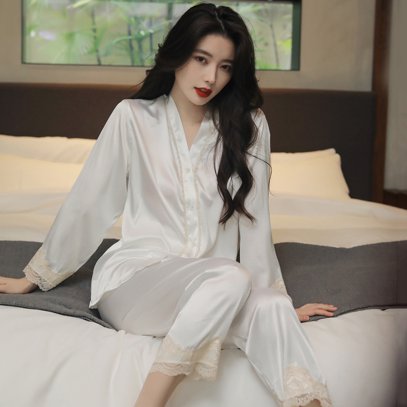 Pajamas Women's Summer Thin Ice Silk Long Sleeve Cardigan Suit TikTok Live Sexy Lace Temptation Home Clothes Spring and Autumn