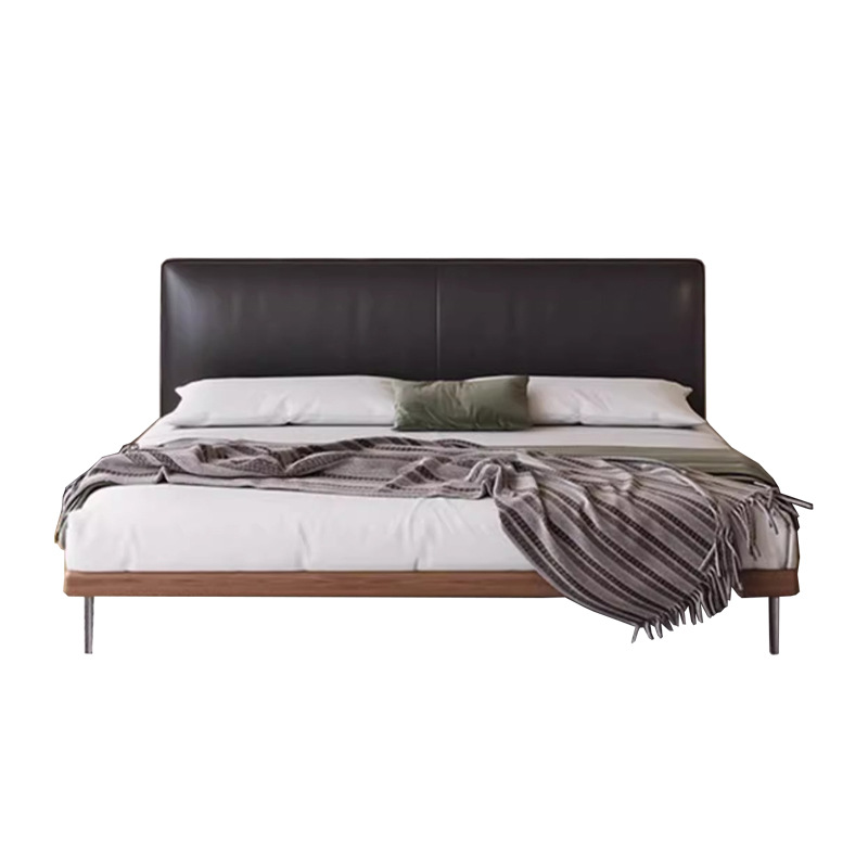 Cama de cuero minimalista italiana, cama negra delgada, cama de cabecera de estilo retro, cama de paquete suave moderna, cama de tofu delgada.