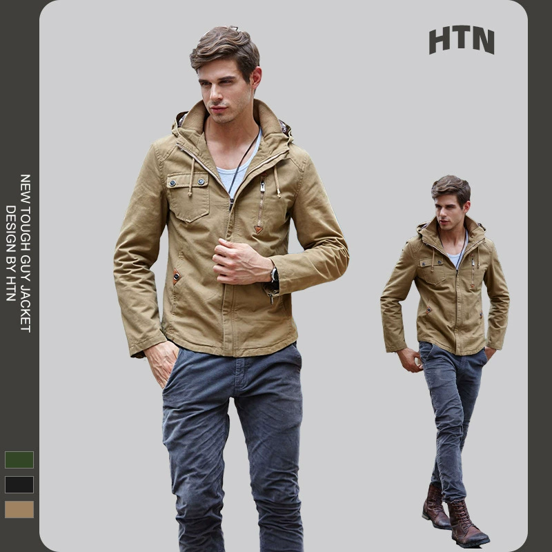 Мужская куртка в стиле милитари на открытом воздухе Весна Осень Зима Новая выстиранная куртка с капюшоном