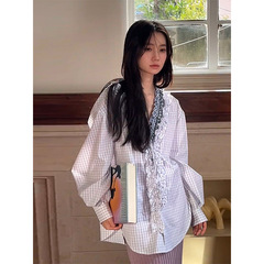 慵懒风韩系撞色格纹v领长袖衬衫女春秋设计感木耳边复古气质上衣