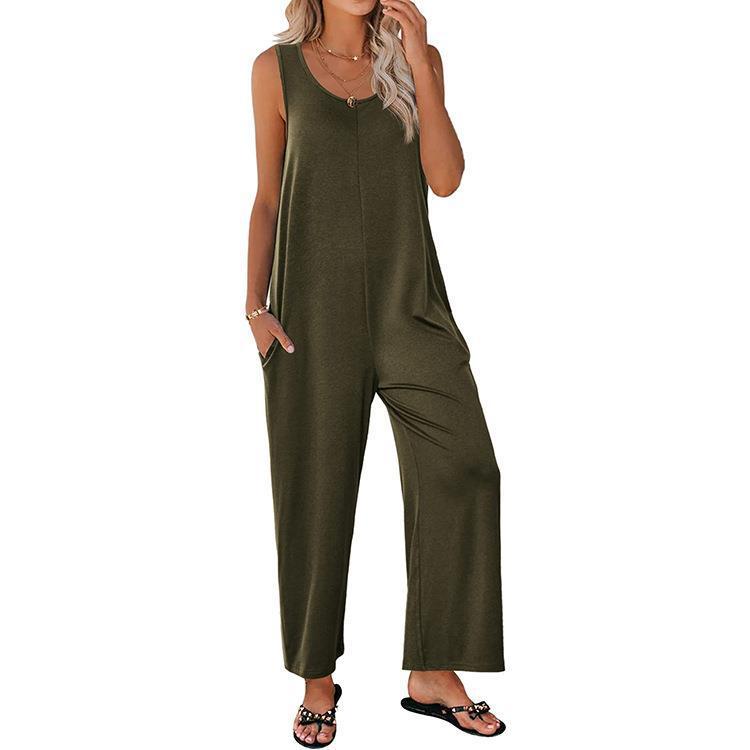 2024 Comercio exterior transfronterizo Amazon Europa y América del verano de las mujeres Sling flojo recto color sólido pierna ancha pantalones de una pieza liguero
