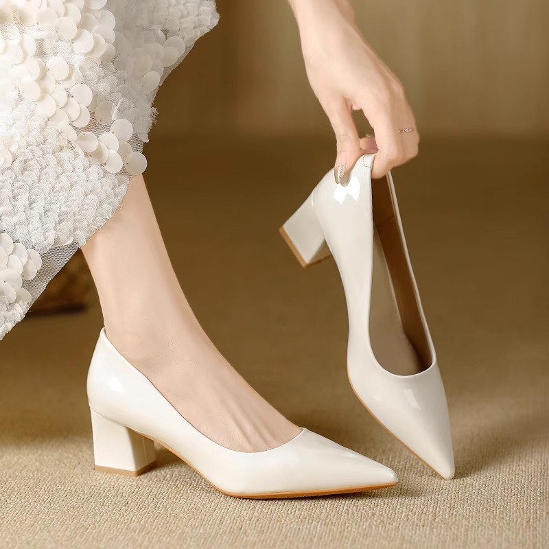 2025 Fall New Patent Leather Pointed Toe Shallow Thick Heel Pumps French Fashion Elegant Women's High Heels_vogvips.com