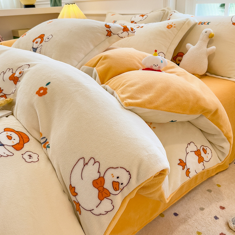 Invierno de coral cubierta de edredón de una sola pieza de invierno de peluche de doble cara de peluche de leche de cuatro piezas de cubierta de edredón de una sola persona engrosada