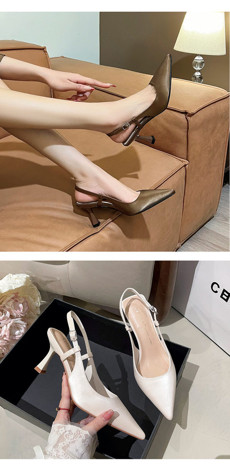 Giày sandal nữ bít mũi mũi nhọn gót mảnh quai ngang, gót 6–8 cm — Màu nâu, Màu trắng be, Màu vàng nhạt chi tiết 13