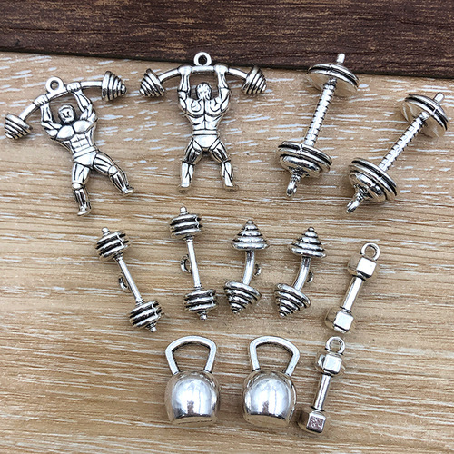A set of 1 new antique silver alloy simulated dumbbell weightlifting athlete accessories DIY handmade decoration accessory hanger material