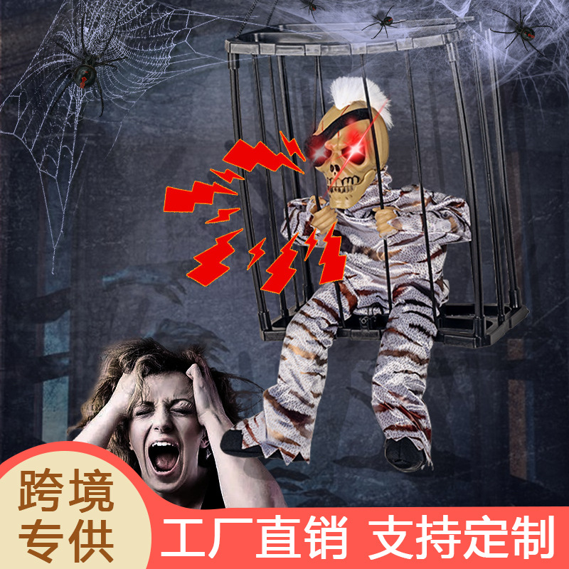 Halloween Horror Decoración Prisión Colgando Fantasma Eléctrico Resplandor Sound Prisionero Jaula Scary Esqueleto Esqueleto Colgante Fantasma