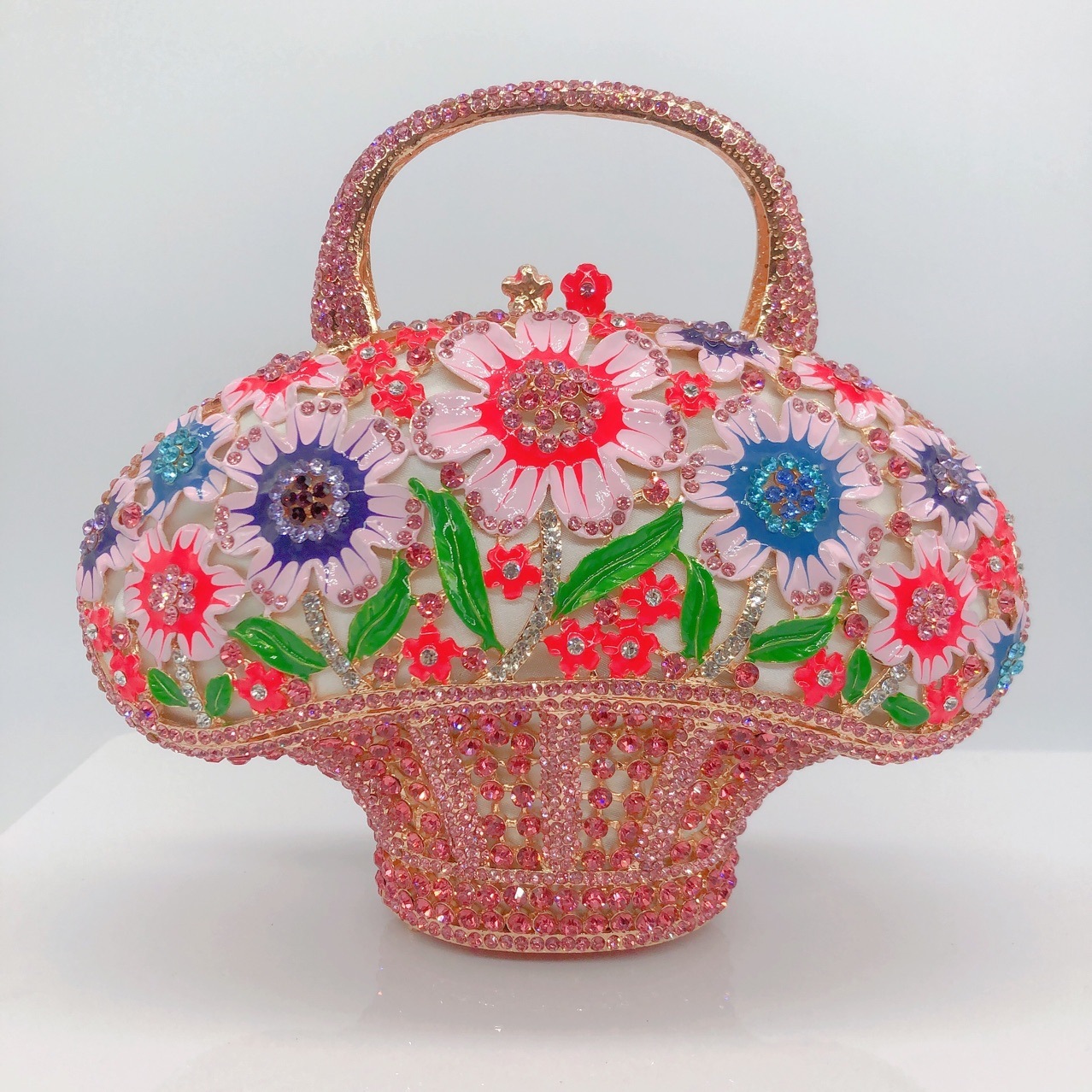Nuevos productos transfronterizos esmalte de color goteo de aceite de flores de diamante bolsa de cena bolsa de diamantes bolsa de cestas de flores de mano embrague de cesta