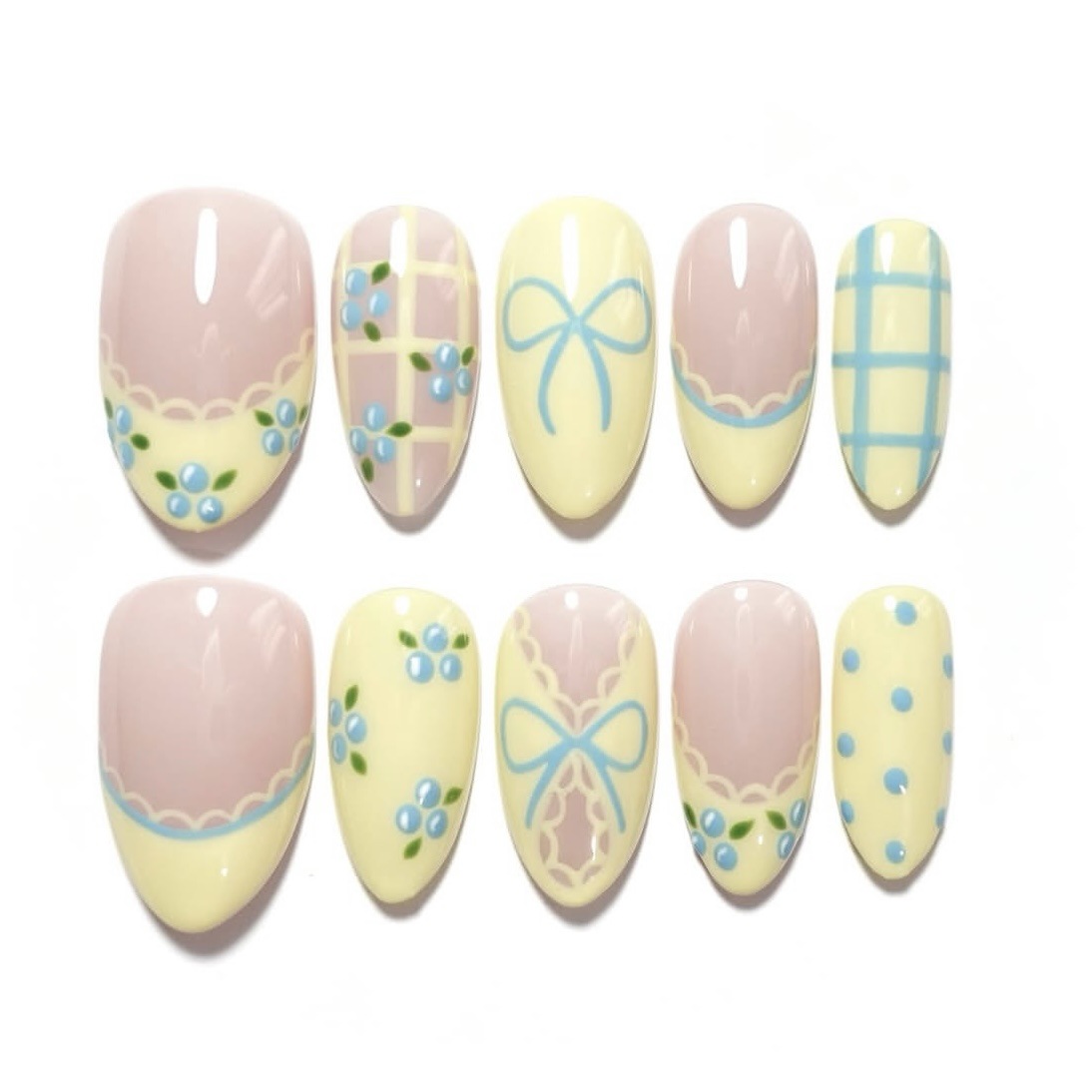 Little Yellow Chicken Hailey's Same Style Summer French-Style Press-On Nails, Cross-Border Bestseller, Plaid Bow Sweet Girl Nail Stickers