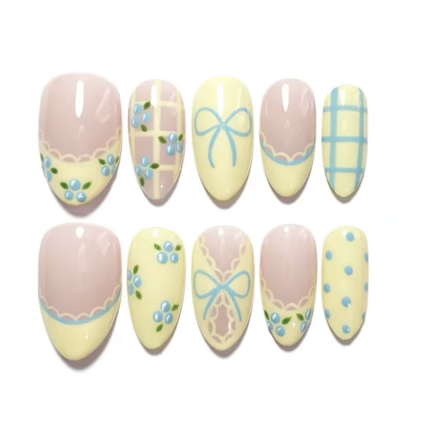 Little Yellow Chicken Hailey's Same Style Summer French-Style Press-On Nails, Cross-Border Bestseller, Plaid Bow Sweet Girl Nail Stickers