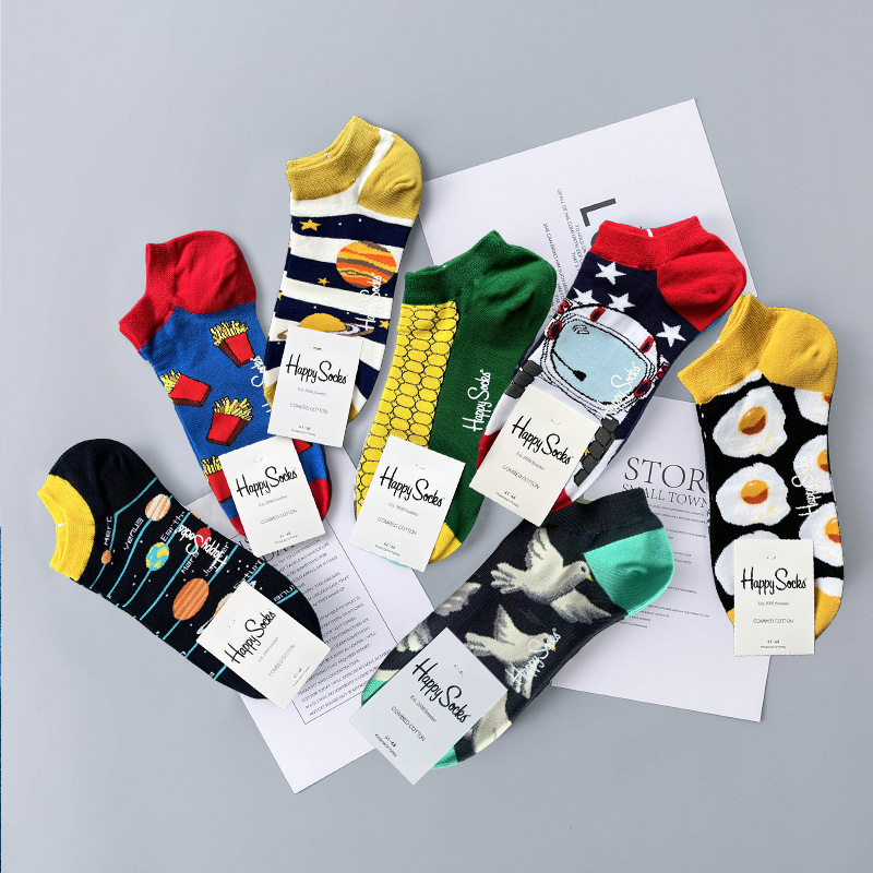 Happy Socks Boat Socks Men's Socks Trendy Ins British-style Moisture-wicking Spring and Autumn Summer Breathable Low-side Cotton