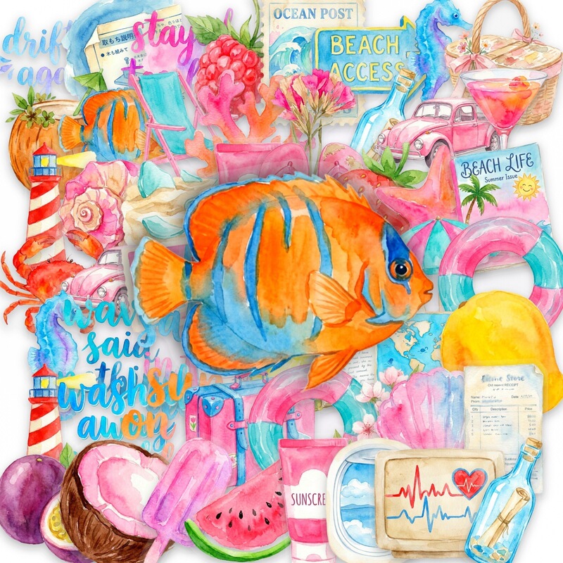 Cross-Border Direct Purchase of 50 Watercolor Beach Diary Transparent Pet Stickers in an Instagram-Style Summer Fresh Transparent Waterproof Design Cross-Border Direct Purchase of 50 Watercolor Beach Diary Transparent Pet Stickers in an Instagram-Style Summer Fresh Transparent Waterproof Design