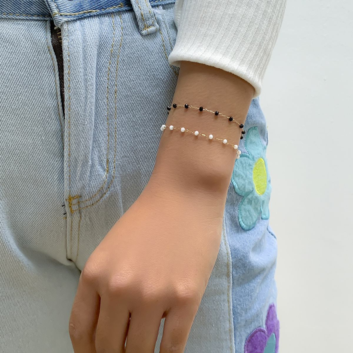 jewelry simple black and white imitation crystal chain single layer bracelet copper