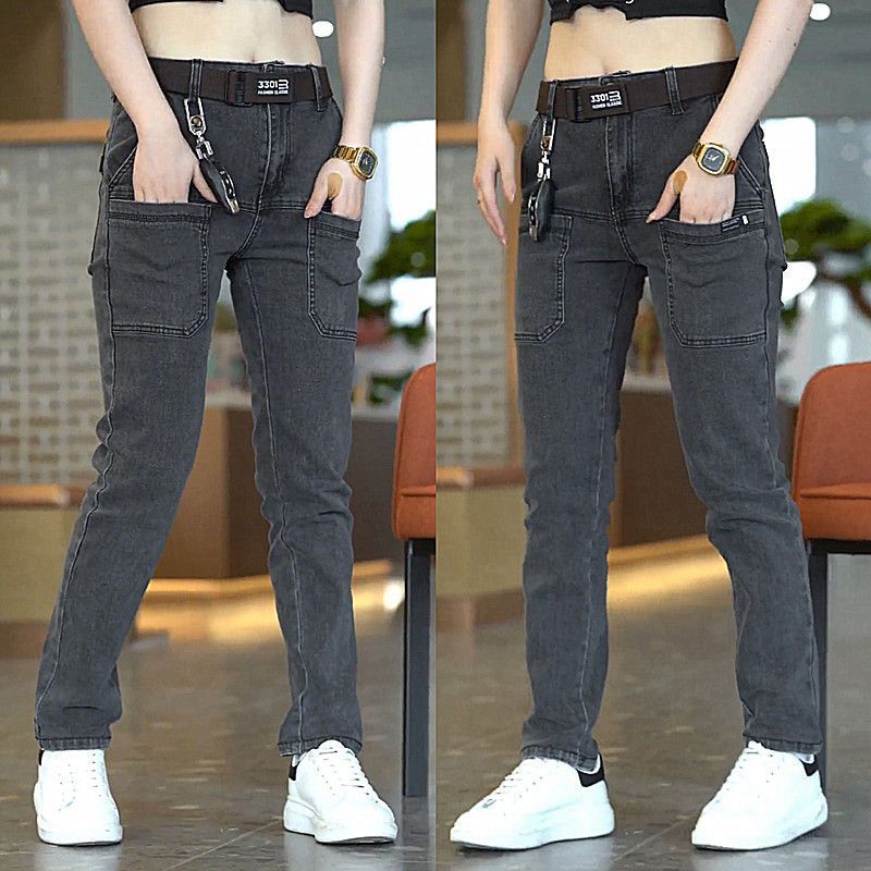 Jeans heren trendy en veelzijdige kleine pijpen broek, high-end elastische slim fit mesh rode afslankende zes-pocket casual broek_voghion.com