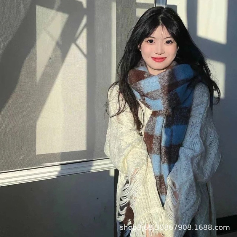 围巾冬季女2025新款薄荷绿色格子羊绒韩系百搭氛围高级感加厚围脖|undefined