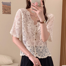 春夏季新款复古v领立体绣花披肩衬衫雪纺衫纯色小开衫蕾丝衣 160