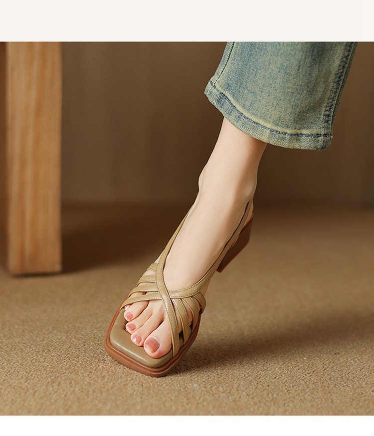 Sandal nữ mũi vuông gót vuông da cừu phong cách La Mã quai mảnh hở ngón — Màu trắng be chi tiết 10