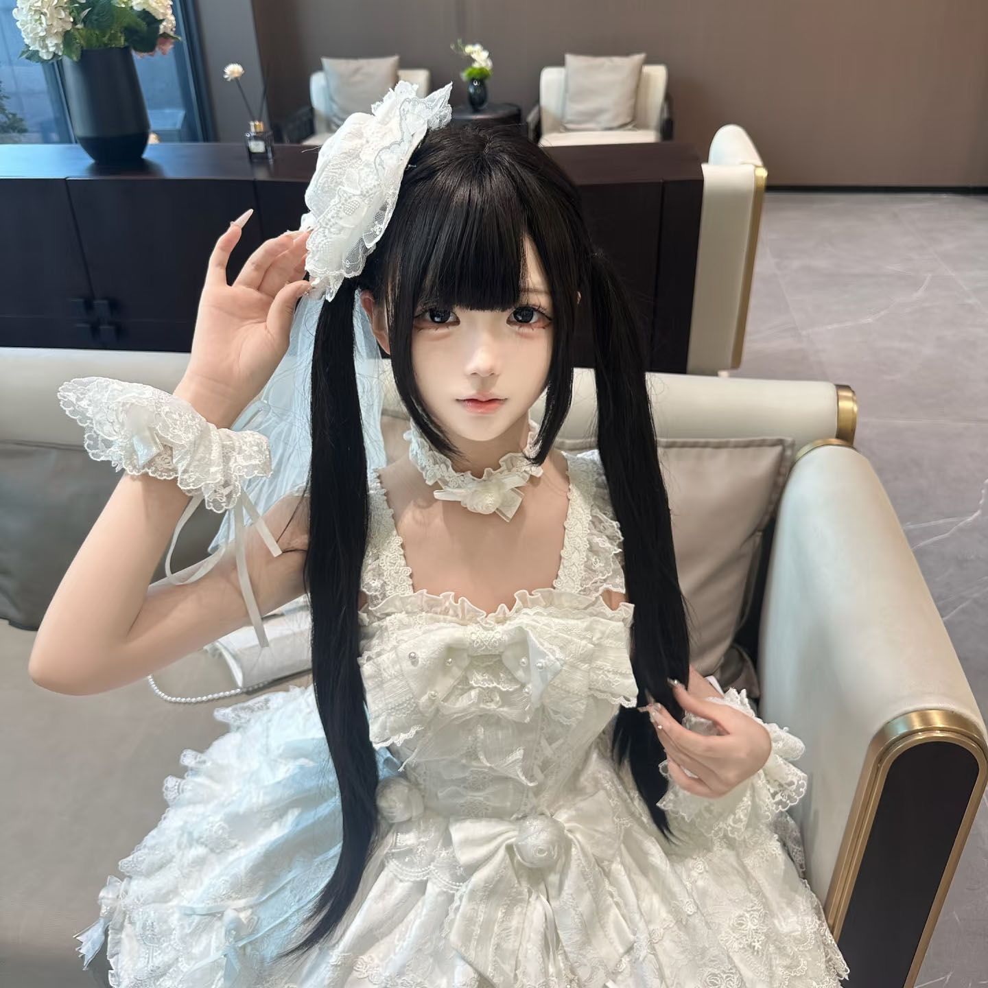 Duo Xiu peluca red rojo Shaoluo natural peluca Lolita Qi Liuhai doble cola de caballo nuevo estilo marrón negro 80cm cabello recto