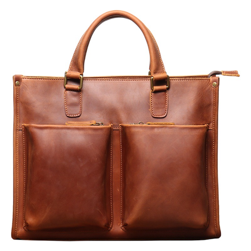 Vintage Fashion Men's Genuine Leather Laptop Bag Crazy Horse Leather Handmade Single-shoulder Crossbody Bag Large Capacity Briefcase