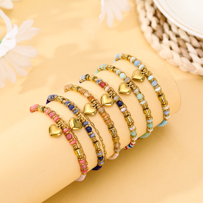 Cross-border Explosive Stainless Steel Bracelet Bohemian Style Natural Stone Beaded Crystal Peach Heart Bracelet Double-layer Women's Bracelet