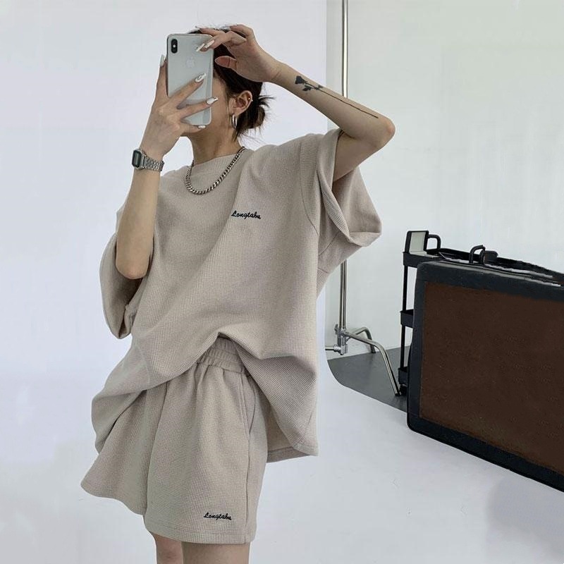 259 # ネット赤ワッフルスポーツスーツ女2024夏新ゆるいカジュアル半袖tシャツパンツ2点セット|undefined