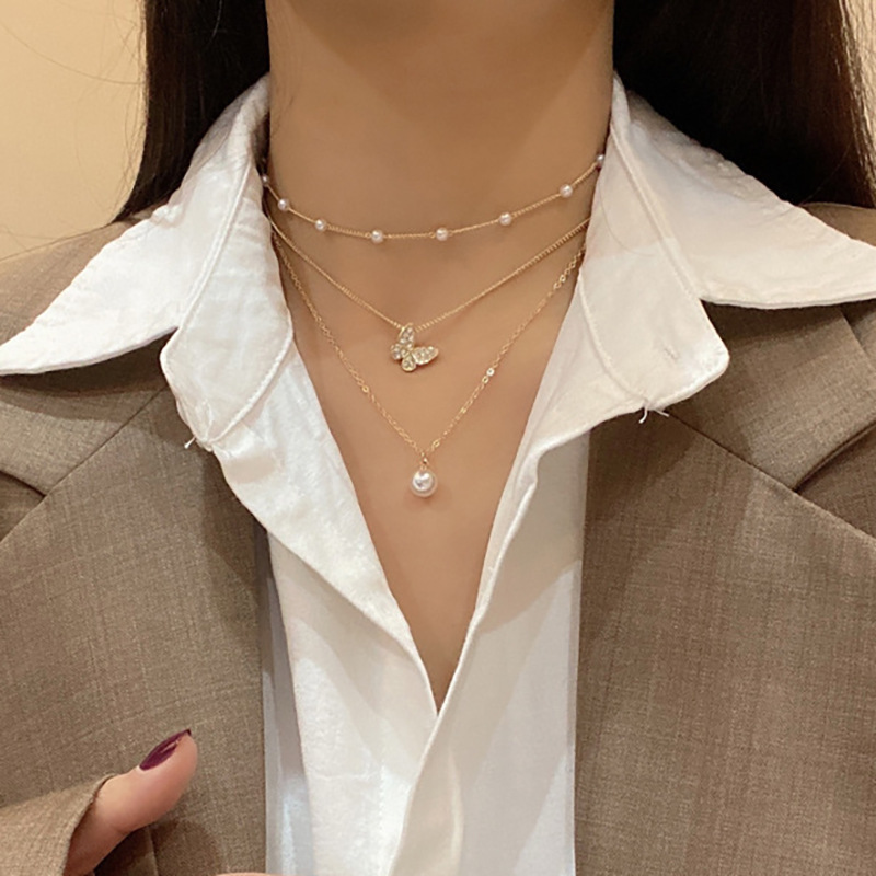 Three Layer Necklace Classification Elegant Streetwear Butterfly Rhinestones Imitation Pearl Alloy Wholesale Three Layer Necklace