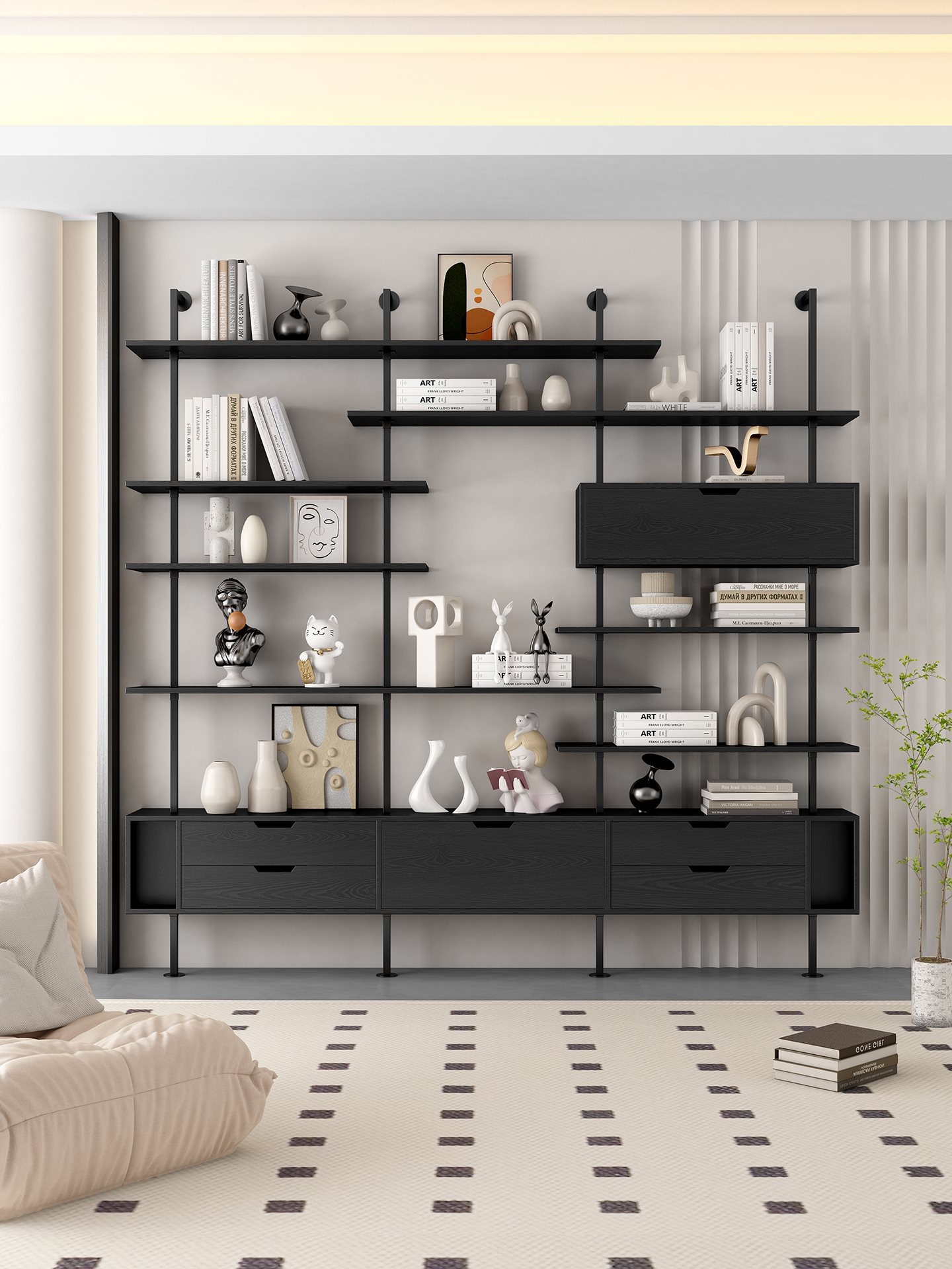 Bookshelf Integrated Wall-To-Ceiling Living Room Background Cabinet Office Adjustable Study Storage Cabinet Bookcase with Light