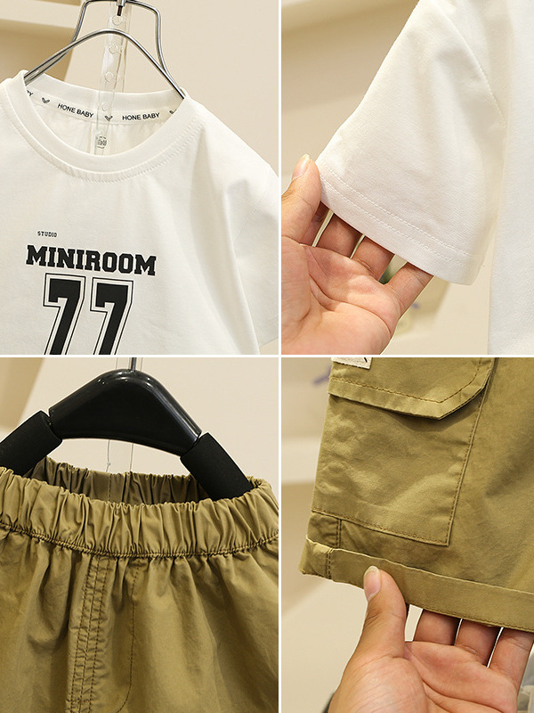 7118 Traje de verano para niños 2025 Nuevo estilo para niños Chaleco fino de manga corta Baby Fried Street Summer Traje de tres piezas