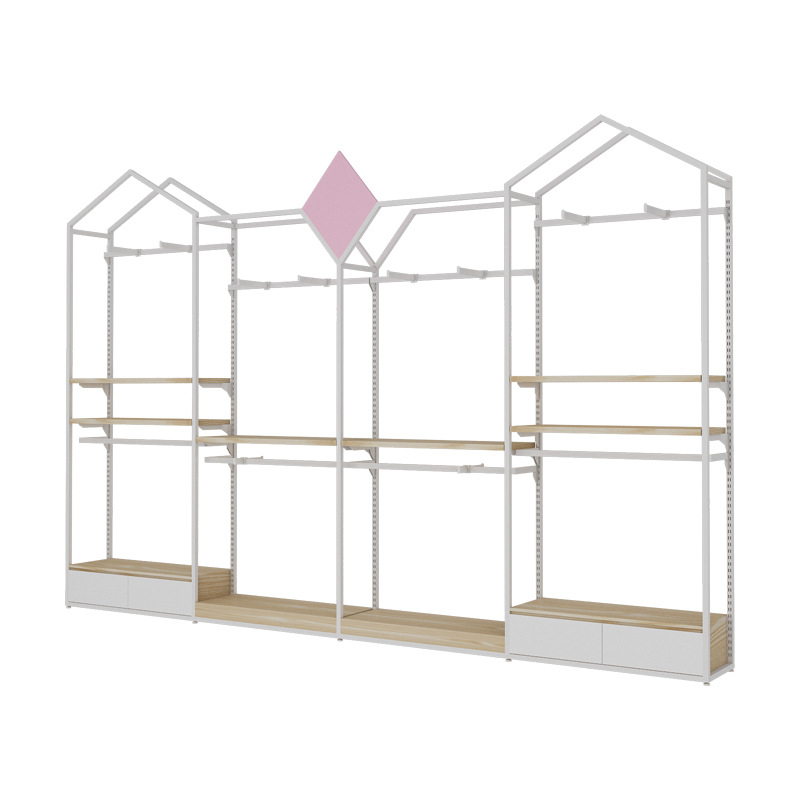 Estante de ropa para niños percha de piso en forma de Casa estante de exhibición simple tienda de ropa para niños estante de exhibición combinación montada en la pared