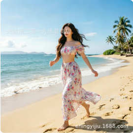 2026新款法式一字领碎花抹胸海边度假分体长裙三件套泳衣女沙滩裙