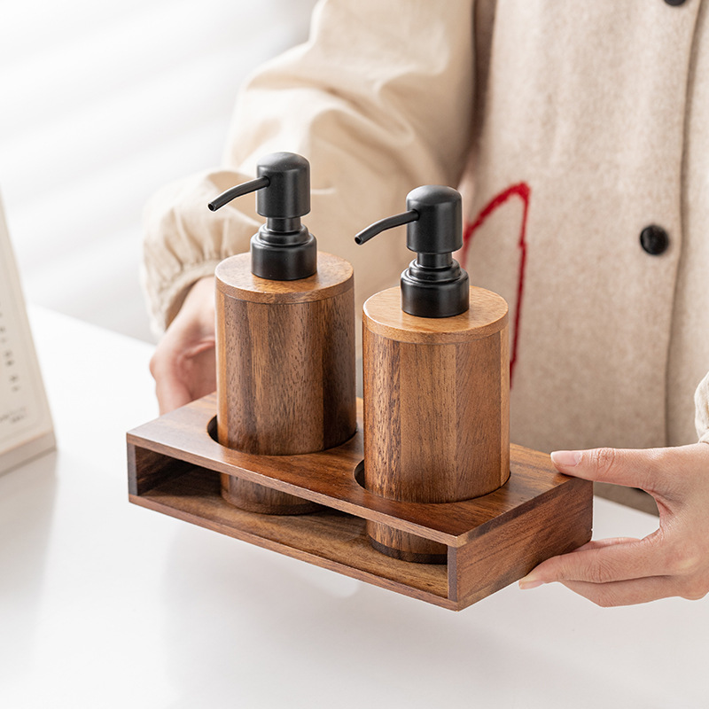 Loción de prensa de nogal botella vacía de madera maciza de lujo ligero hotel desinfectante de manos gel de ducha champú loción