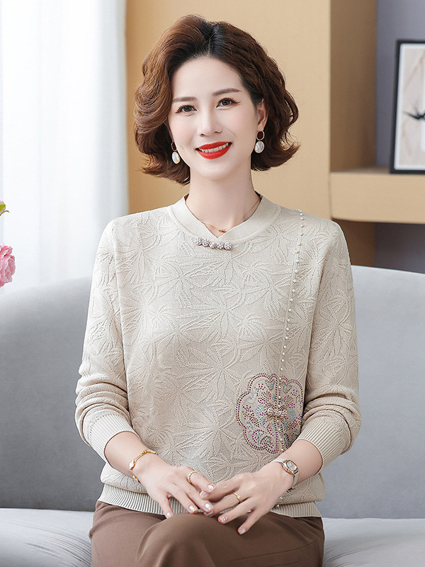 妈妈秋装国风旗袍领外穿小衫中老年人女内搭毛衣春秋季针织打底衫|undefined