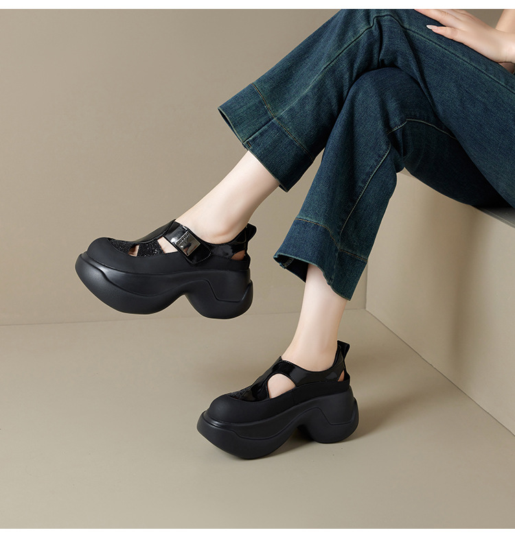 Giày sandal cao gót nữ đính sequin và đá rhinestone, đế dày độn cao, mũi bao da thật kiểu La Mã rỗng — Màu đen, Màu trắng be, Màu bạc chi tiết 5