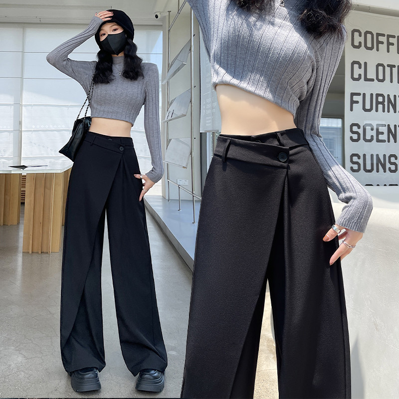 不规则拼接直筒阔腿裤女2025秋季新款炸街垂感西装裤设计感长裤子|undefined