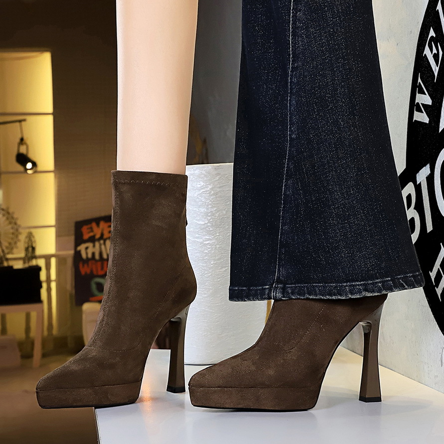 Chunky High Heel Platform Ankle Boots For Women Pointed Suede_voghion.com