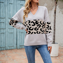 欧美跨境秋冬新款V领个性拼接针织衫外贸套头豹纹毛衣女 时尚潮款