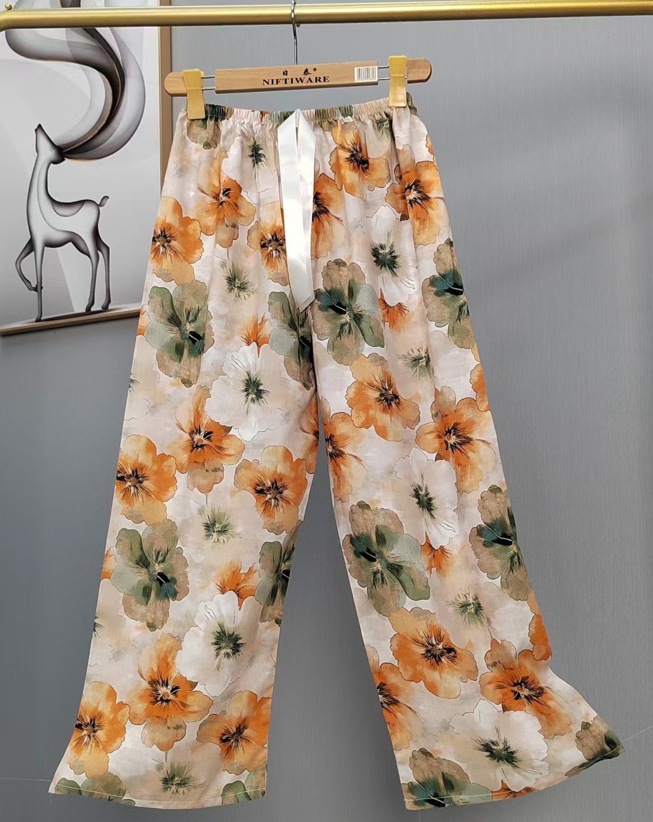 Pijama de seda de algodón para mujer, pantalones anchos de mujer embarazada de seda de algodón con estampado fino de verano