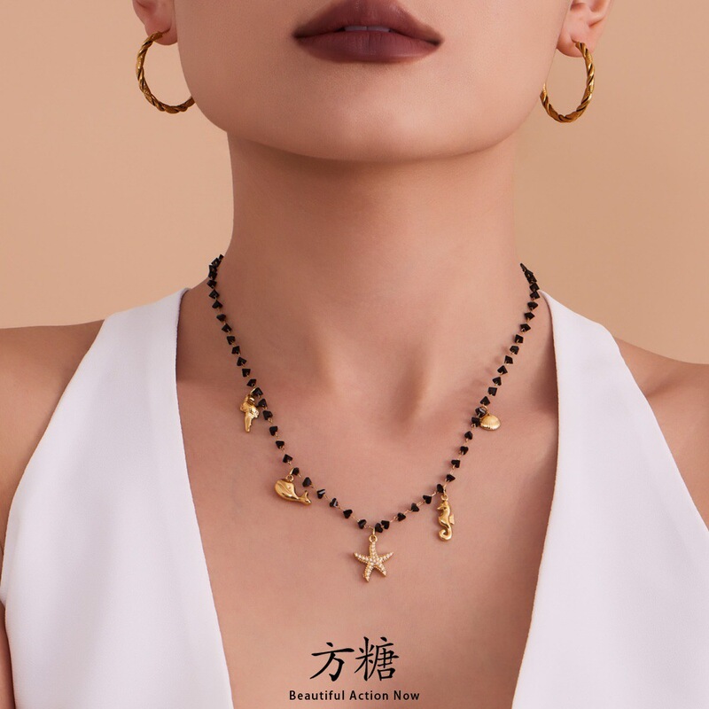 方糖跨境欧美时尚满钻海星海洋系列不锈钢吊坠黑色水晶锁骨链项链|undefined