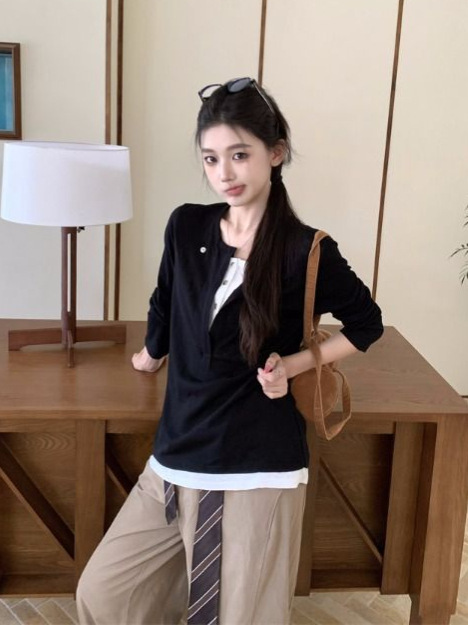 假两件拼接设计感撞色长袖T恤女秋季小众宽松休闲上衣内搭打底衫|undefined