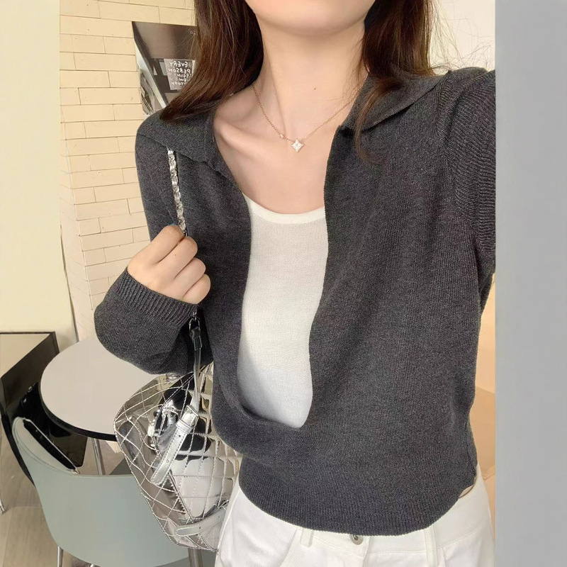 韩版高级感撞色u领假两件针织衫女秋季2025新款长袖百搭气质上衣|undefined