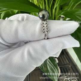 大溪地诸暨珍珠9-10mm正圆微绿银戒托小众设计厂家供应