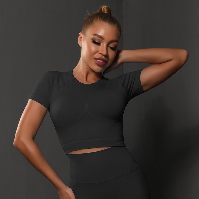 Summer New Seamless Tight Pleated T-Shirt Top Yoga Wear For Women High Elastic Running Sports Fitness Short Sleeve_viptrois.com