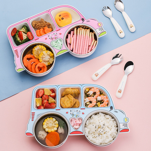 304 Stainless Steel Children's Car Dinner Plate, Removable and Washable Baby Food Bowl, Creative Cartoon Divided Plastic Plate Set
