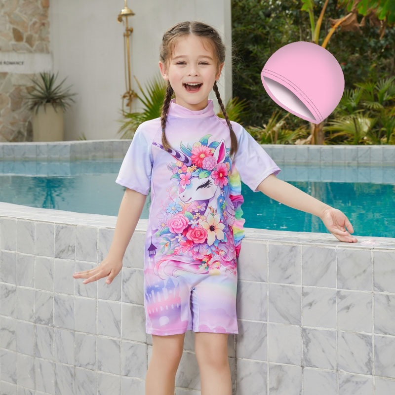 Comercio exterior del sudeste asiático traje de baño para niños niñas de dibujos animados de una pieza de manga corta protector solar para niñas ropa de viaje de secado rápido para niñas