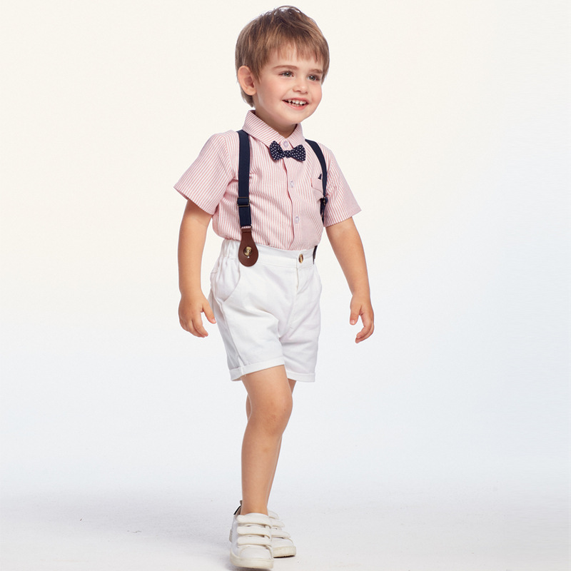 Boy Suit Children's Striped Single-breasted Shirt Suspender Shorts Two-piece display picture 1