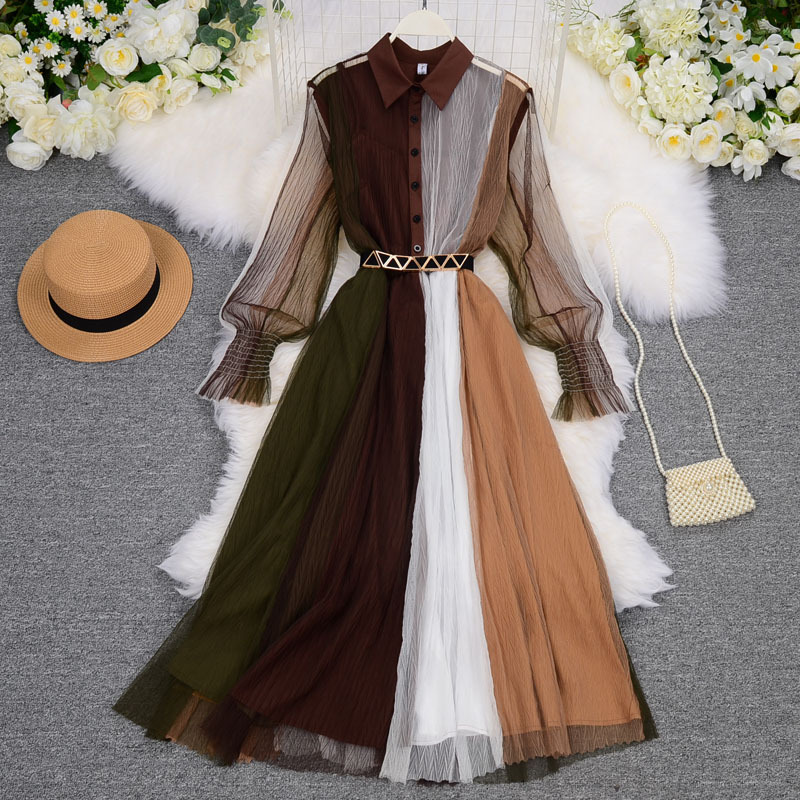Abbigliamento da donna, abito con giunture in rete alla moda, risvolto, temperamento snellente, riduzione dell'età, gonna lunga a contrasto di colore_voghion.com